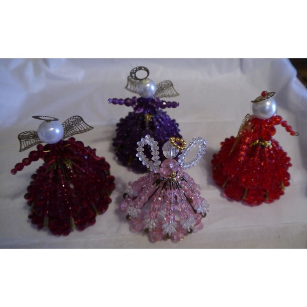 (4) Angel Safety Pin Art Beaded Handmade Pink Red Purple Vintage Christmas Shiny